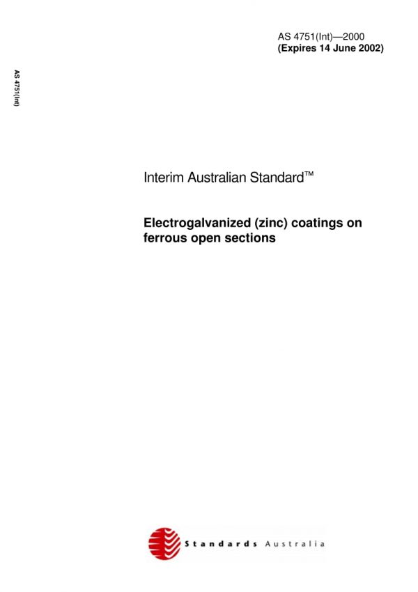 AS 4751(INT): 01/01/2000 Electrogalvanized (zinc) coatings on ferrous open sections