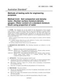 AS 1289.5.8.8: 06/05/1998 Methods of testing soils for engineering purposes, Method 5.8.8: Soil compaction and density tests – Nuclear surface moisture-density gauges – Water content of a standard moisture block using proportion of water