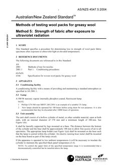 AS/NZS 4547.5: 05/12/2004 Methods of testing wool packs for greasy wool, Method 5: Strength of fabric after exposure to ultraviolet radiation