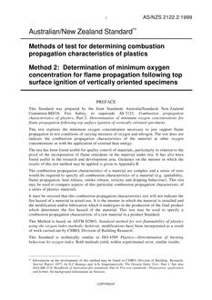 AS/NZS 2122.2: 03/05/1999 Methods of test for determining combustion propagation characteristics of plastics, Method 2: Determination of minimum oxygen concentration for flame propagation following top surface ignition of vertically oriented specimens