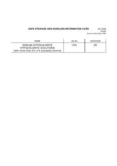 AS 2508.8.003: 05/01/1990 Safe storage and handling information card – Sodium hypochlorite, Part 8.003: Hypochlorite solutions