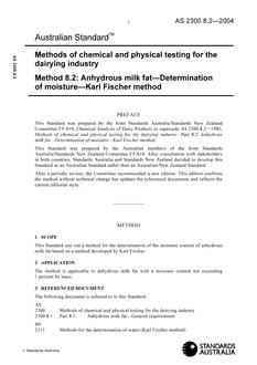 AS 2300.8.2: 02/04/2004 Methods of chemical and physical testing for the dairying industry, Method 8.2: Anhydrous milk fat – Determination of moisture – Karl Fischer method