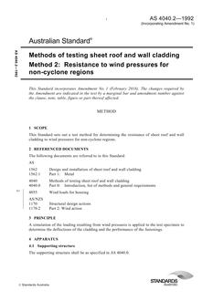 AS 4040.2: 07/20/1992 Methods of testing sheet roof and wall cladding, Method 2: Resistance to wind pressures for non-cyclone regions