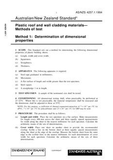 AS/NZS 4257.1: 12/05/1994 Plastic roof and wall cladding materials – Methods of test, Method 1: Determination of dimensional properties