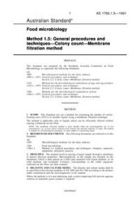 AS 1766.1.5: 12/31/1990 Food microbiology, Method 1.5: General procedures and techniques – Colony count – Membrane filtration method