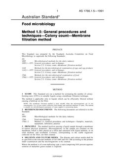 AS 1766.1.5: 12/31/1990 Food microbiology, Method 1.5: General procedures and techniques – Colony count – Membrane filtration method