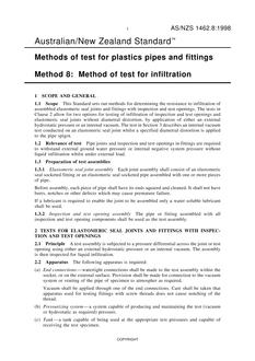 AS/NZS 1462.8: 12/05/1998 Methods of test for plastics pipes and fittings, Method 8: Method of test for infiltration