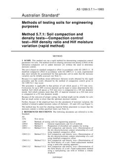 AS 1289.5.7.1: 01/01/1993 Methods of testing soils for engineering purposes, Method 5.7.1: Soil compaction and density tests – Compaction control test – Hilf density ratio and Hilf moisture variation (rapid method)