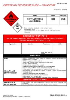 AS 1678.3.0.022: 01/01/2003 Emergency procedure guide – Transport – Acrylonitrile (inhibited)
