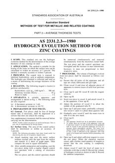 AS 2331.2.3: 12/31/1979 Methods of test for metallic and related coatings, Part 2.3: Average thickness tests – Hydrogen evolution method for zinc coatings