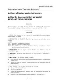 AS/NZS 2512.6: 01/01/1998 Methods of testing protective helmets, Method 6: Measurement of horizontal peripheral vision clearance