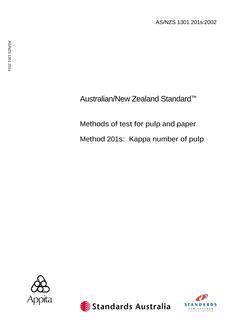AS/NZS 1301.201S: 07/10/2002 Methods of test for pulp and paper, Method 201S: Kappa number of pulp