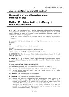 AS/NZS 4266.17: 04/05/1995 Reconstituted wood-based panels – Methods of test, Method 17: Determination of efficacy of termiticide treatment