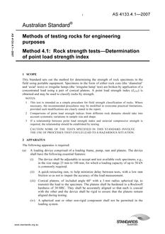 AS 4133.4.1: 09/12/2007 Methods of testing rocks for engineering purposes, Method 4.1: Rock strength tests – Determination of point load strength index