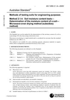 AS 1289.2.1.4: 04/26/2005 Methods of testing soils for engineering purposes, Method 2.1.4: Soil moisture content tests – Determination of the moisture content of a soil – Microwave-oven drying method (subsidiary method)