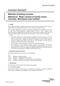 AS 1012.23: 04/20/2015 Methods of testing concrete, Method 23: Water content of freshly mixed concrete – Microwave oven method