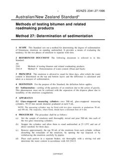 AS/NZS 2341.27: 05/05/1996 Methods of testing bitumen and related roadmaking products, Method 27: Determination of sedimentation