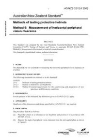 AS/NZS 2512.6: 06/13/2006 Methods of testing protective helmets, Method 6: Measurement of horizontal peripheral vision clearance