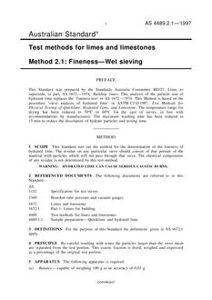 AS 4489.2.1: 09/05/1997 Test methods for limes and limestones, Method 2.1: Fineness – Wet sieving