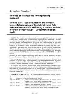AS 1289.5.8.1: 01/01/1995 Methods of testing soils for engineering purposes, Method 5.8.1: Soil compaction and density tests – Determination of field density and field moisture content of a soil using a nuclear surface moisture-density gauge – Direct transmission mode
