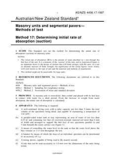 AS/NZS 4456.17: 04/05/1997 Masonry units and segmental pavers – Methods of test, Method 17: Determining initial rate of absorption (suction) AS/NZS 4456.17: 04/05/1997 Masonry units and segmental pavers – Methods of test, Method 17: Determining initial rate of absorption (suction)