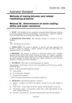 AS 2341.28: 01/01/1996 Methods of testing bitumen and related roadmaking products – Determination of stone coating ability and water resistance