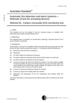 AS 2362.26: 01/01/2001 Automatic fire detection and alarm systems – Methods of test for actuating devices, Method 26: Carbon monoxide (CO) sensitivity test