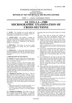 AS 2331.1.1: 12/31/1979 Methods of test for metallic and related coatings, Part 1.1: Local thickness tests – Micrographic examination of cross-sections