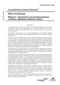 AS/NZS 4276.7: 03/20/2007 Water microbiology, Method 7: Escherichia coli and thermotolerant coliforms – Membrane filtration method