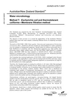 AS/NZS 4276.7: 03/20/2007 Water microbiology, Method 7: Escherichia coli and thermotolerant coliforms – Membrane filtration method