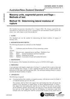 AS/NZS 4456.15: 09/25/2003 Masonry units, segmental pavers and flags – Methods of test, Method 15: Determining lateral modulus of rupture