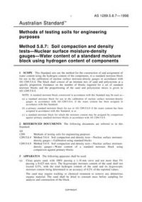 AS 1289.5.8.7: 06/05/1998 Methods of testing soils for engineering purposes, Method 5.8.7: Soil compaction and density tests – Nuclear surface moisture-density gauges – Water content of a standard moisture block using hydrogen content of components