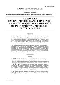 AS 2300.1.8.1: 12/31/1987 Methods of chemical and physical testing for the dairying industry, Method 1.8.1: General methods and principles – Analytical quality assurance of instrumental methods – Protein in milk AS 2300.1.8.1: 12/31/1987 Methods of chemical and physical testing for the dairying industry, Method 1.8.1: General methods and principles – Analytical quality assurance of instrumental methods – Protein in milk