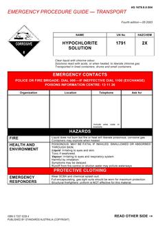 AS 1678.8.0.004: 05/06/2003 Emergency procedure guide – Transport – Hypochlorite solution AS 1678.8.0.004: 05/06/2003 Emergency procedure guide – Transport – Hypochlorite solution