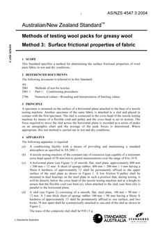 AS/NZS 4547.3: 01/01/2004 Methods of testing wool packs for greasy wool, Method 3: Surface frictional properties of fabric