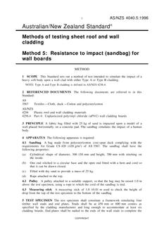 AS/NZS 4040.5: 03/05/1996 Methods of testing sheet roof and wall cladding, Method 5: Resistance to impact (sandbag) for wall boards