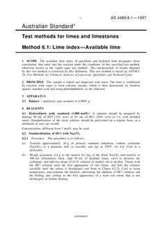 AS 4489.6.1: 09/05/1997 Test methods for limes and limestones, Method 6.1: Lime index – Available lime