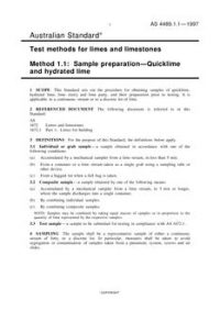 AS 4489.1.1: 09/05/1997 Test methods for limes and limestones, Method 1.1: Sample preparation – Quicklime and hydrated lime