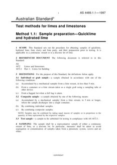 AS 4489.1.1: 09/05/1997 Test methods for limes and limestones, Method 1.1: Sample preparation – Quicklime and hydrated lime