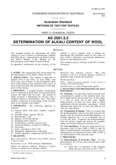 AS 2001.3.2: 12/31/1976 Methods of test for textiles, Part 3.2: Chemical tests – Determination of alkali content of wool AS 2001.3.2: 12/31/1976 Methods of test for textiles, Part 3.2: Chemical tests – Determination of alkali content of wool