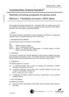 AS/NZS 4547.1: 04/05/1999 Methods of testing woolpacks for greasy wool, Method 1: Fibrillation of woven, HDPE fabric