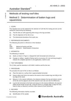 AS 4046.2: 10/30/2002 Methods of testing roof tiles, Method 2: Determination of batten lugs and squareness