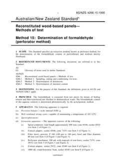 AS/NZS 4266.15: 04/05/1995 Reconstituted wood-based panels – Methods of test, Method 15: Determination of formaldehyde (perforator method)