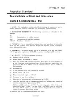 AS 4489.4.1: 09/05/1997 Test methods for limes and limestones, Method 4.1: Soundness – Pat