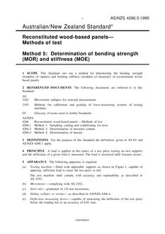 AS/NZS 4266.5: 04/05/1995 Reconstituted wood-based panels – Methods of test, Method 5: Determination of bending strength (MOR) and stiffness (MOE)