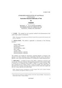 AS 1683.17: 01/01/1981 Methods of test for rubber, Method 17: Vulcanized rubber – Determination of carbon black content – Pyrolytic method AS 1683.17: 01/01/1981 Methods of test for rubber, Method 17: Vulcanized rubber – Determination of carbon black content – Pyrolytic method