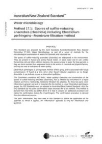 AS/NZS 4276.17.1: 11/20/2000 Water microbiology, Method 17.1: Spores of sulfite-reducing anaerobes (clostridia) including Clostridium perfringens – Membrane filtration method