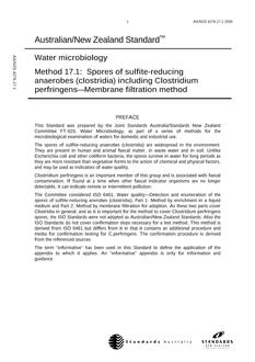 AS/NZS 4276.17.1: 11/20/2000 Water microbiology, Method 17.1: Spores of sulfite-reducing anaerobes (clostridia) including Clostridium perfringens – Membrane filtration method AS/NZS 4276.17.1: 11/20/2000 Water microbiology, Method 17.1: Spores of sulfite-reducing anaerobes (clostridia) including Clostridium perfringens – Membrane filtration method
