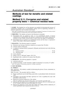 AS 2331.3.11: 03/11/1990 Methods of test for metallic and related coatings tests, Method 3.11: Corrosion and related property tests – Chemical residue tests