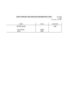 AS 2508.8.007: 06/01/1990 Safe storage and handling information card – Nitric acid AS 2508.8.007: 06/01/1990 Safe storage and handling information card – Nitric acid